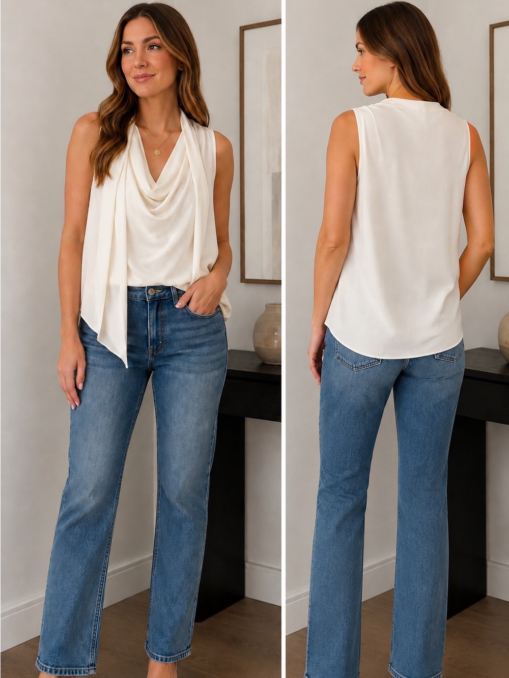 MM.LaFleur Ivory Sleeveless Draped Cowl Blouse with Scarf